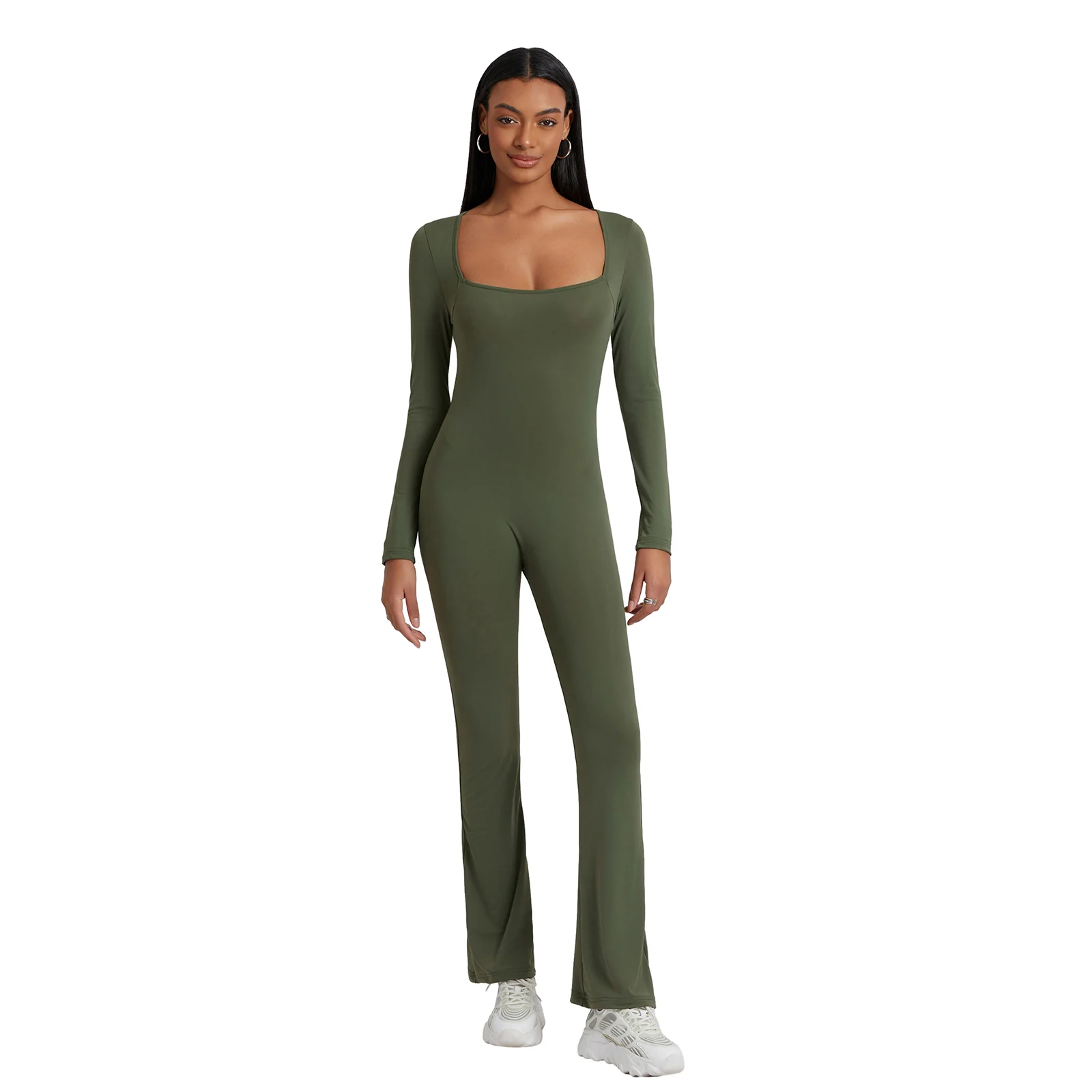 

Tight Fitting Square Neck Wide Leg Full Length Romper Playsuit Long Sleeve Jumpsuit Women Bodycon Women's Long Overalls