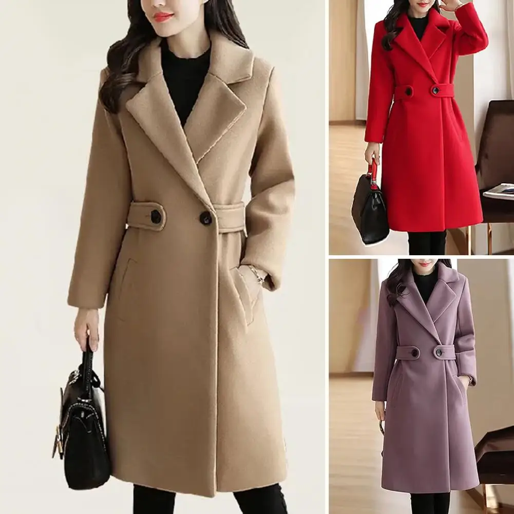 

Polyester Women Jacket Stylish Mid-length Women's Overcoat with Belted Button Closure Turn-down Collar Solid Color Thick for A