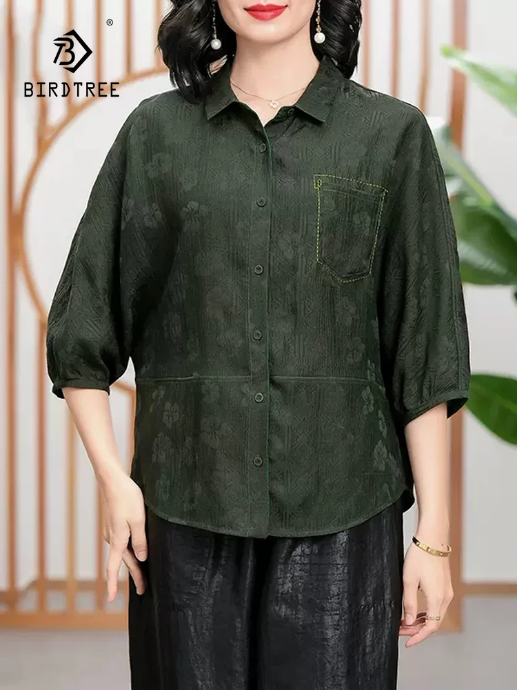 

BirdTree, 100%Real Silk Watered Gauze Shirts, Women Half Sleeve Printed, Oversize Mom Retro Commute Blouse, 2024 Summer T44485QC