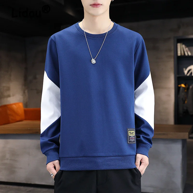 

Spring Autumn Men Casual Applique O Neck Long Sleeve Pullover Tops Contrast Color Patchwork High Quality Sweatshirt Ropa Hombre
