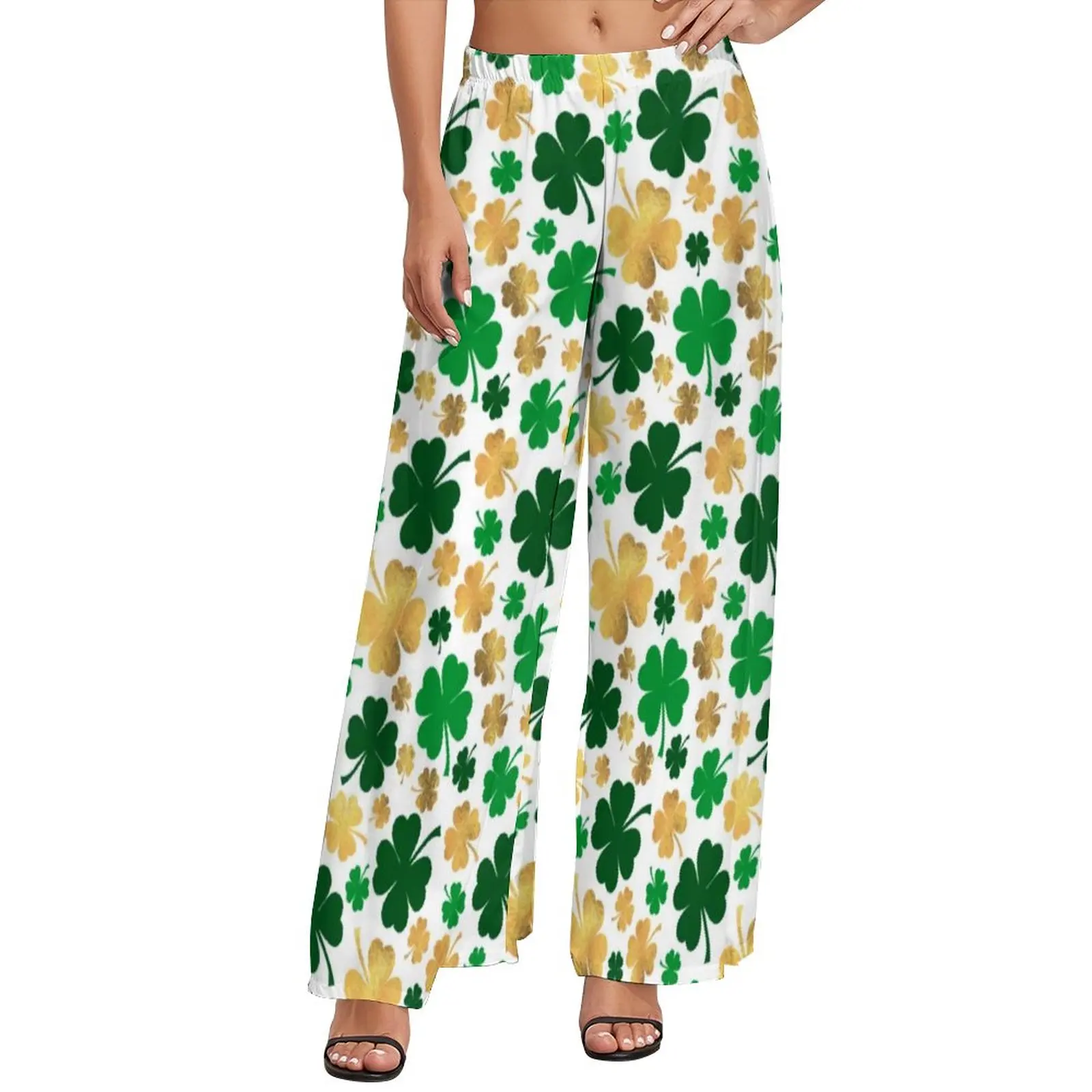 

St Patrick's Day Pants Elastic Waist Lucky Gold Green Four Leaf Clover Shamrock Home Trousers Aesthetic Custom Wide Leg Pants