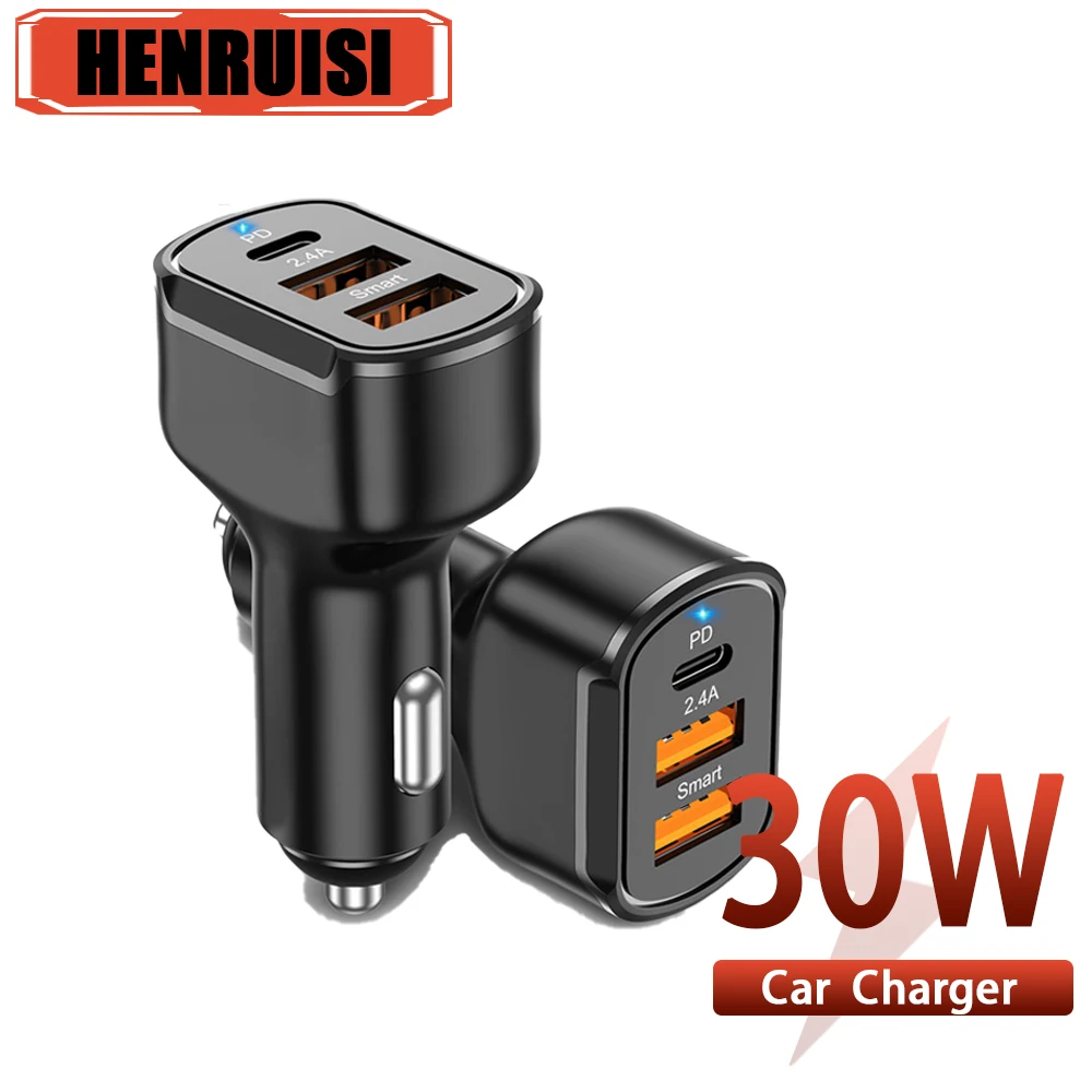 

30W 3 Ports USB C Car Charger 2.4A PD Fast Charging Wireless Car Adapter Quick Charge 3.0 For iPhone 14 13 Xiaomi Huawei Samsung