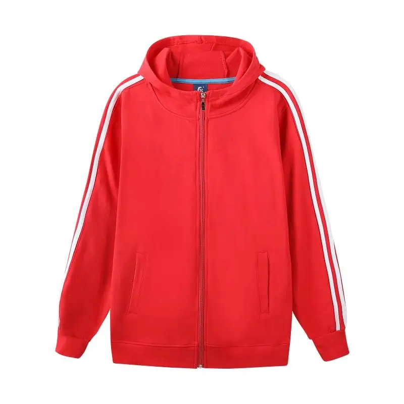 

Red Black Grey Color Zip Up Hoodies 95% Cotton 5% Spandex Knitted Jacket with Hood Three White Straps Lines on Sleeves Uniforms