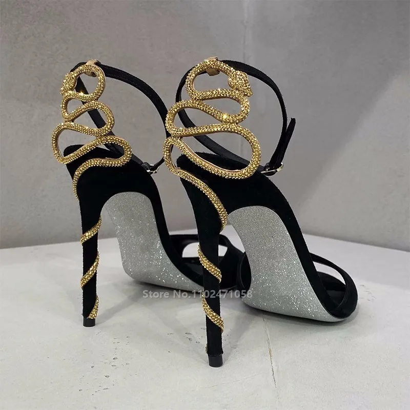 

Golden Snake Coil Winding Ankle Strap Sandals Peep Toe Thin Heels Black One Strap Hight Heels Summer Women Dress Party Shoes