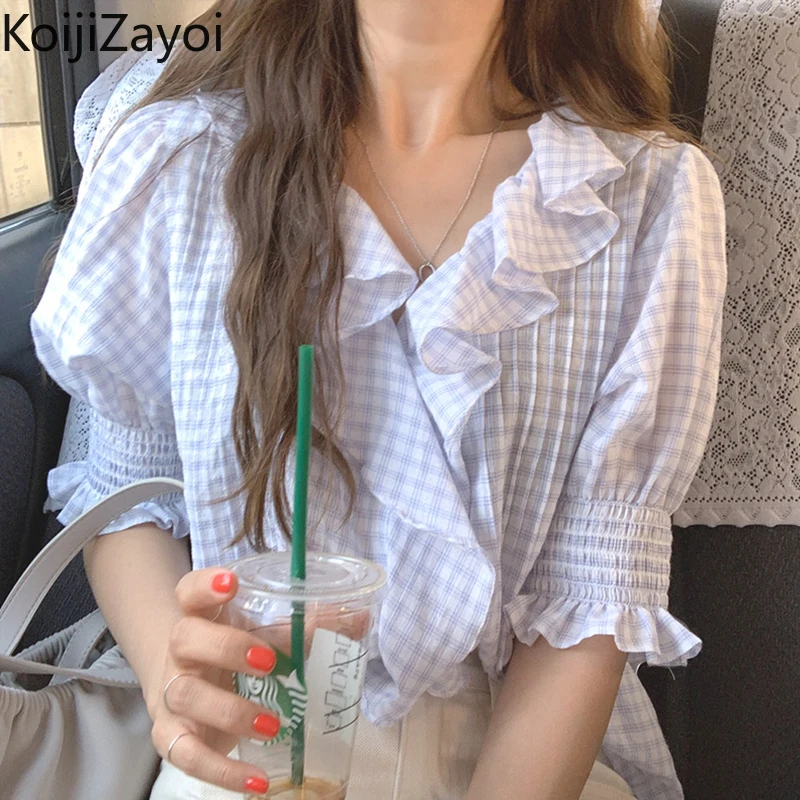 Koijizayoi Ruffled Women Sweet Plaid Blouse Office Lady Summer Chic Korean Shirt Short Sleeves Slim Outwear Blusas Thin Tops
Koijizayoi Ruffled Women Sweet Plaid Blouse Office Lady Summer Chic Korean Shirt Short Sleeves Slim Outwear Blusas Thin Tops