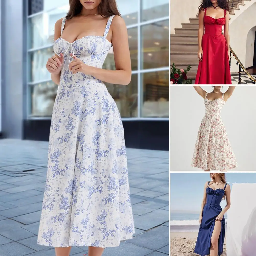 Summer Women Elegant Suspenders Dress Slim Lace-Up Sleeveless Floral Print Spaghetti Strap Party Dress Side Split Hem Midi Dress
Summer Women Elegant Suspenders Dress Slim Lace-Up Sleeveless Floral Print Spaghetti Strap Party Dress Side Split Hem Midi Dress