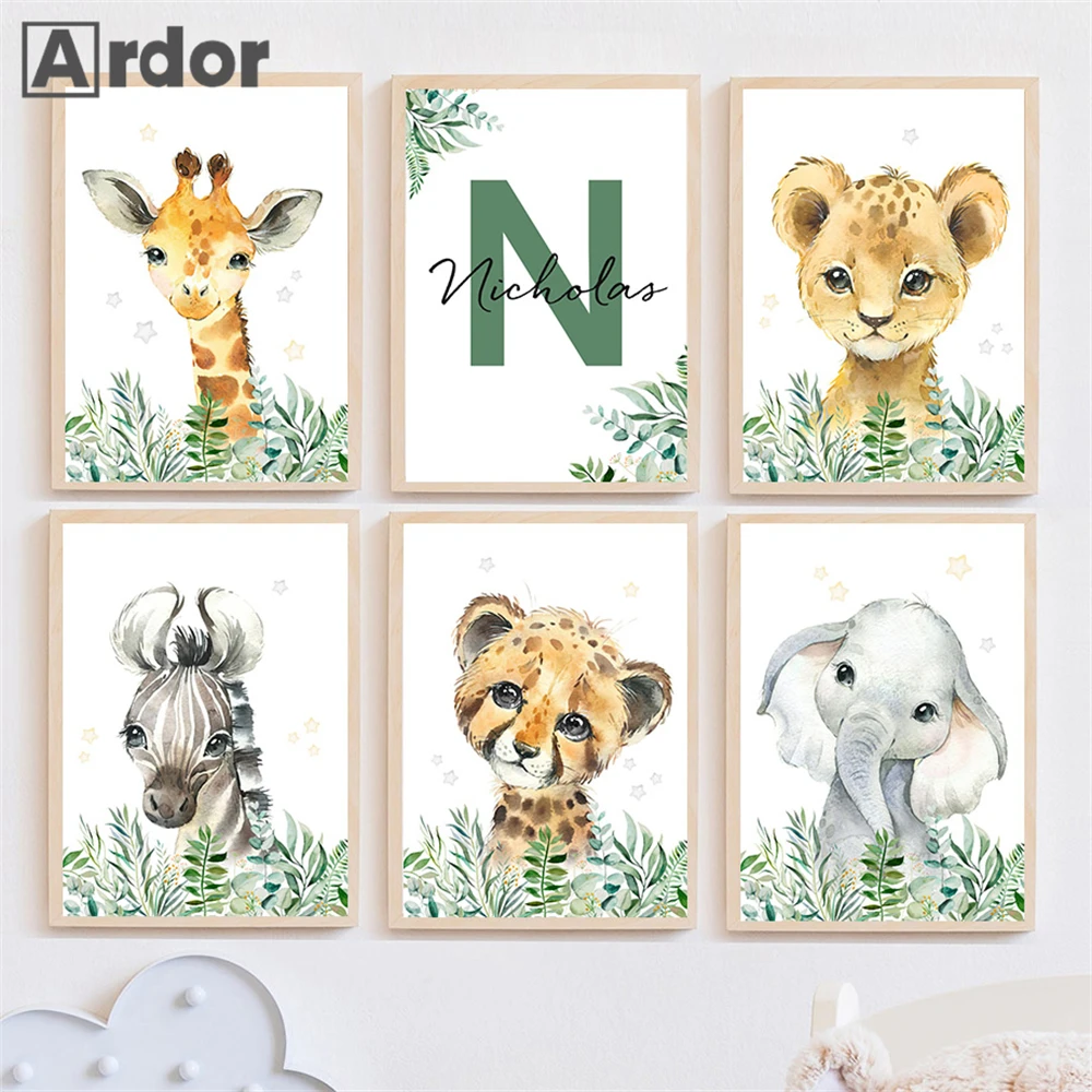 

Jungle Lion Wall Posters Custom Name Canvas Painting Giraffe Art Print Botanic Leaf Poster Nursery Wall Pictures Kids Room Decor