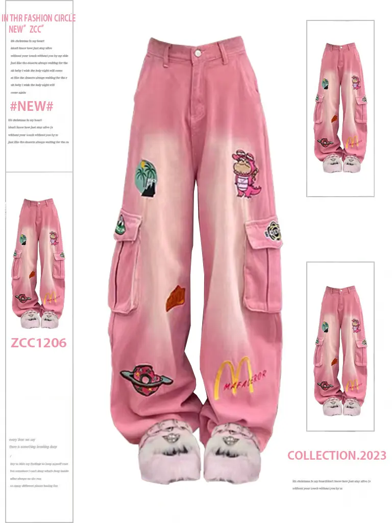 

American Vibe Retro Cartoon Embroidery Pink Tooling Jeans Women's High Street Design Loose Straight Wide-leg Pants Washed Cloth