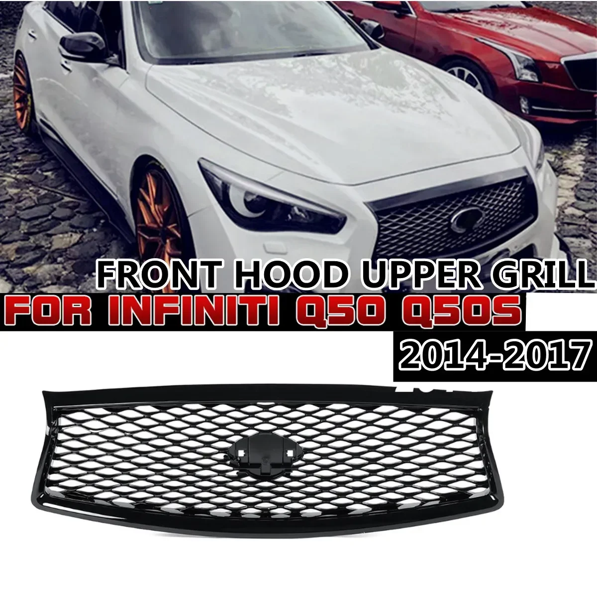 

RM-CAR Front Grille Racing Grills For Infiniti Q50 Q50S 2014 2015 2016 2017 All Models Glossy Black Upper Bumper Hood Mesh Grid