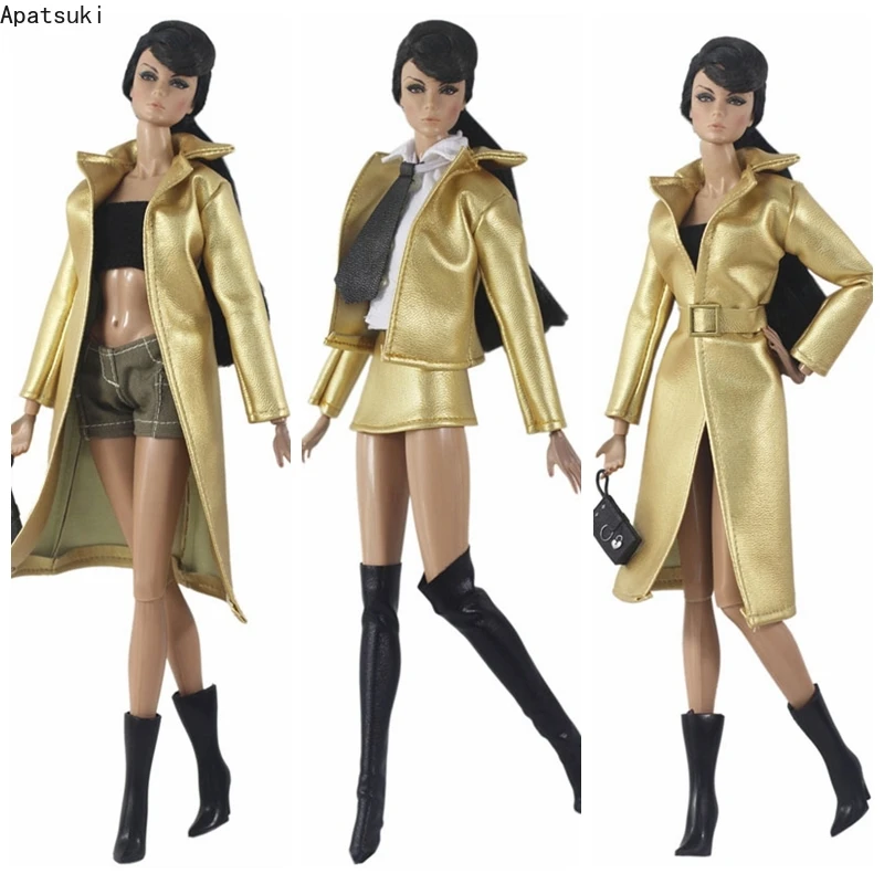 Golden Leather Fashion Doll Clothes Set For Barbie Outfits Long Jacket Trenchcoat Top Shorts Boots Purse 1/6 Dolls Accessories
Golden Leather Fashion Doll Clothes Set For Barbie Outfits Long Jacket Trenchcoat Top Shorts Boots Purse 1/6 Dolls Accessories