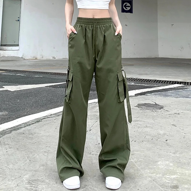 

Army Green Cargo Trousers Women Casual Drawstring High Waist Wide Leg Loose Pants Y2k Fashion BF Big Pocket Ribbon Straight Pant