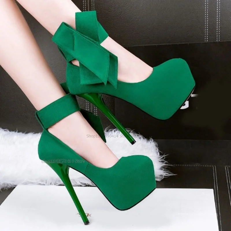 

Green Bow Knot Decor Flock Platform Pumps Ankle Cover Heel Women Shoes Stilettos High Heel Round Toe Novel Sexy Zapatillas Mujer