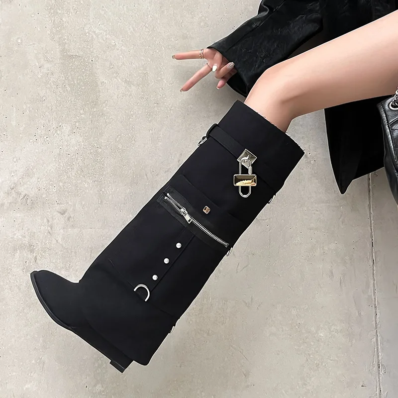 

Slope Heeled Pointed Denim Boots, Casual Zipper Lock, Foreign Trade Large Size, Cross-Border Exclusive High Heeled Boots