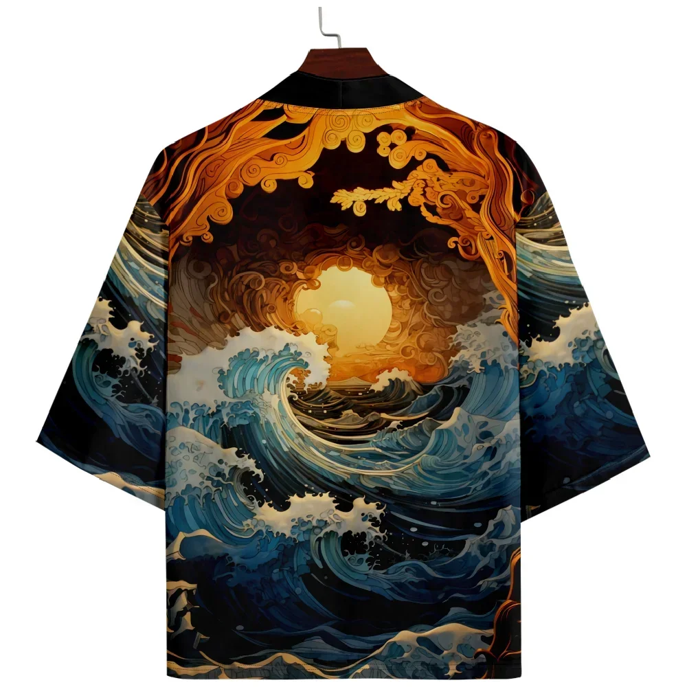 

2024 Summer Beach Japan Wave Kimono Anime 3/4 Sleeve Shirt Haoli Fashion Loose Women's Yukata Men's Samurai Robe