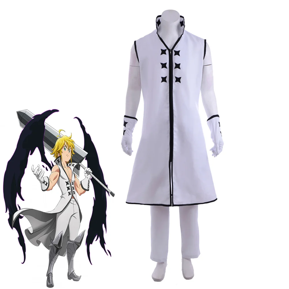 

The Seven Deadly Sins Meliodas Cosplay Costume Men's White Sleeveless Long Trench Pants with Gloves Halloween Party Outfits