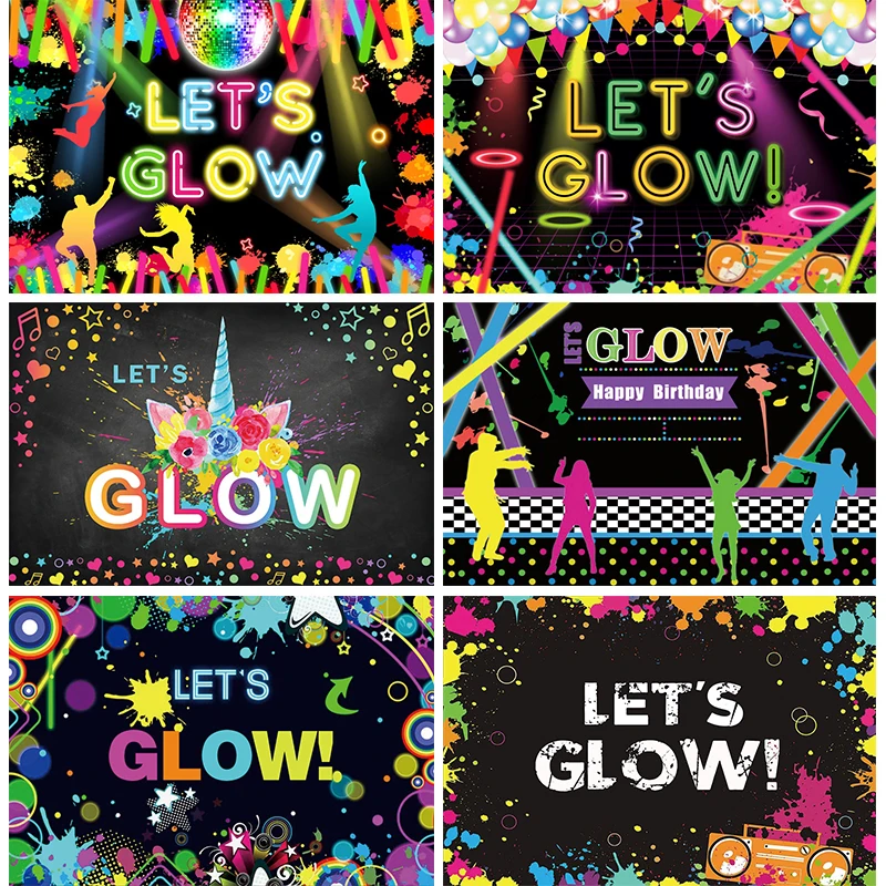 

Neon Glow in The Dark Backdrop Happy Birthday Disco Party Decorations Kids Blacklight Background Photography Photo Booth Props