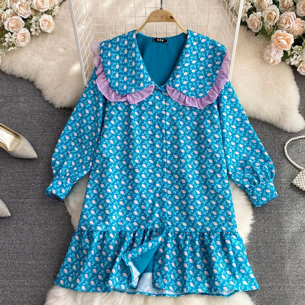 

Autumn Korean Version of Age-reducing Super Fairy Doll Collar Loose Long-sleeved Single-breasted A-line Ruffled Floral Dress