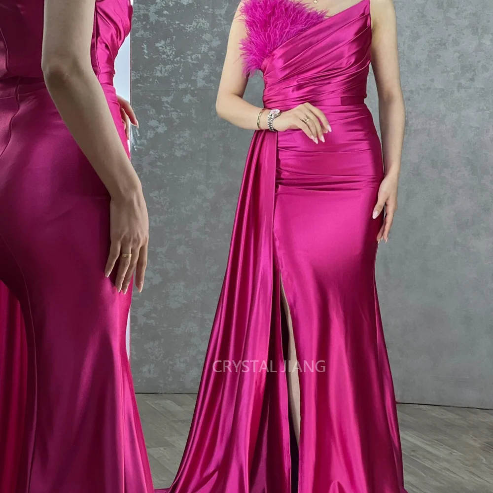 

Luxury Long Strapless Satin Evening Dresses with Feathers Mermaid Slit Sweep Train Vestido Festa for Women