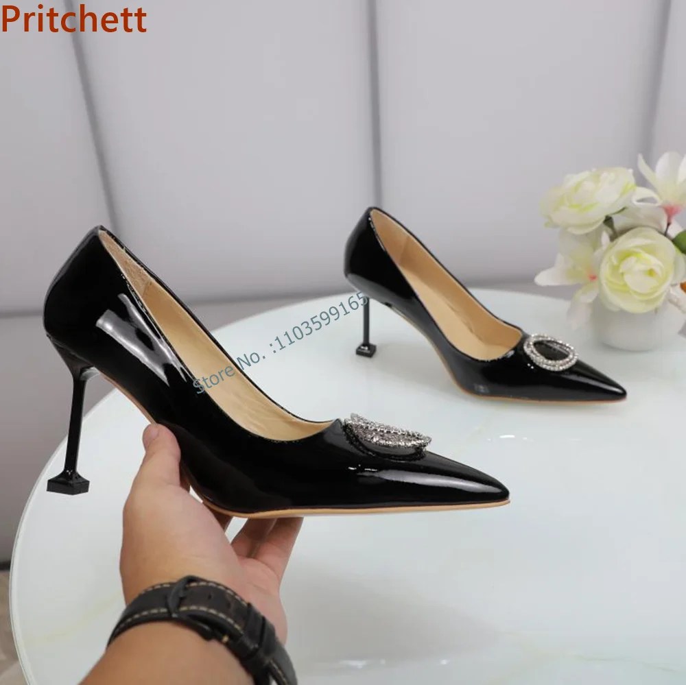 

Pointy Toe Patent Leather Pumps Thin Heels Crystal Circle Slip On Solid Black Shoes Summer Elegant Dress Stiletto Shoes