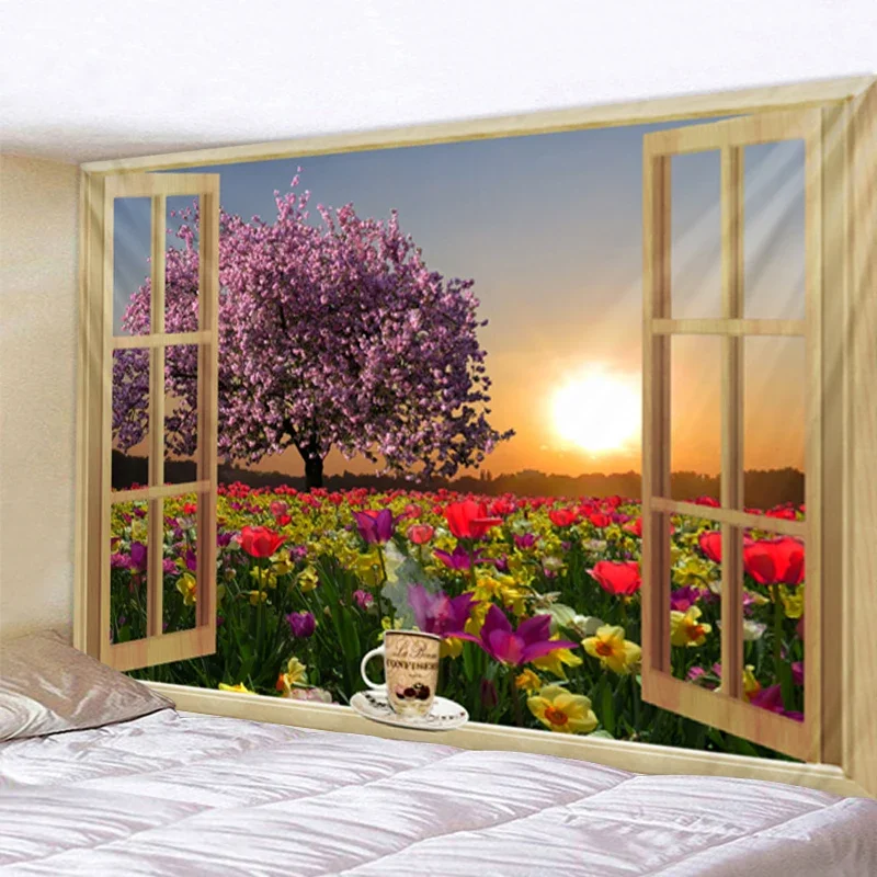 

Three-Dimensional Window Nature Scenery Wall Hanging Tapestry Art Decoration Hanging Curtain for Bedroom Living Room Decoration