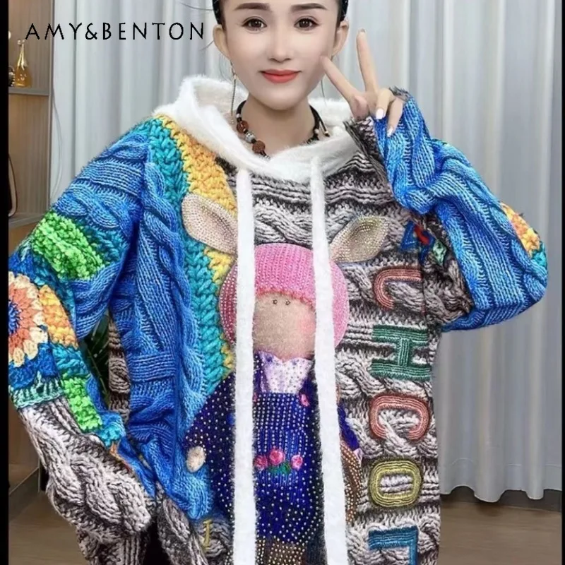 

Cute Cartoon Rhinestone Printed Hooded Long Sleeve Mink Sweater Women's Autumn Winter Loose Oversize Pullover Knitwear Outerwear