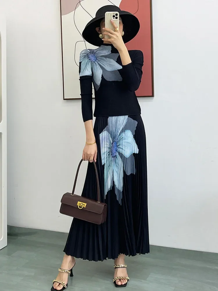 Miyake Elegant Fashion Printed Pleated 2 Pieces Set for Women Turtleneck Slim Tops with High Waist Mid Length Skirts Women Suit
Miyake Elegant Fashion Printed Pleated 2 Pieces Set for Women Turtleneck Slim Tops with High Waist Mid Length Skirts Women Suit