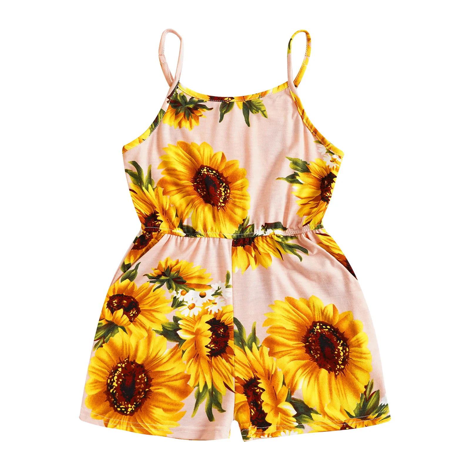 

2023 Kids Girls Sunflower Print Jumpsuit One-Piece Sleeveless Elastic Waistband Pockets Floral Rompers Playsuit Casual Clothes