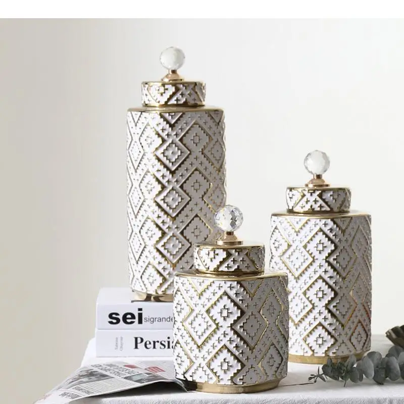 

Gold-plated Ceramic Jars with Lids Desk Decoration Crystal Cover Storage Jar Tea Caddy Crafts Vase Flower Arrangement Furnishing