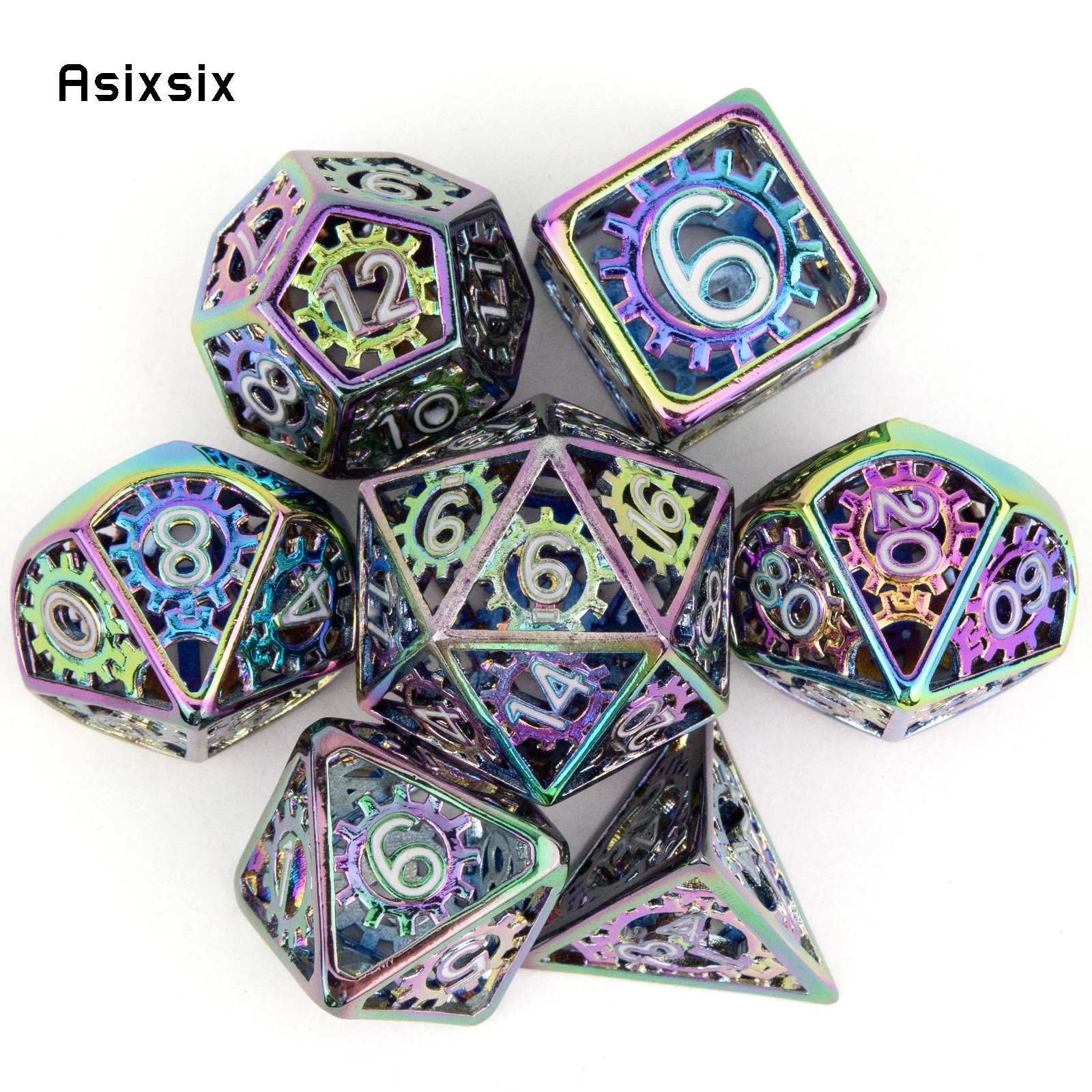 7 Pcs Colorful Gear Wheel Metal Dice Hollow Metal Polyhedral Dice Set Suitable for Role-Playing RPG Board Game Card Game
7 Pcs Colorful Gear Wheel Metal Dice Hollow Metal Polyhedral Dice Set Suitable for Role-Playing RPG Board Game Card Game