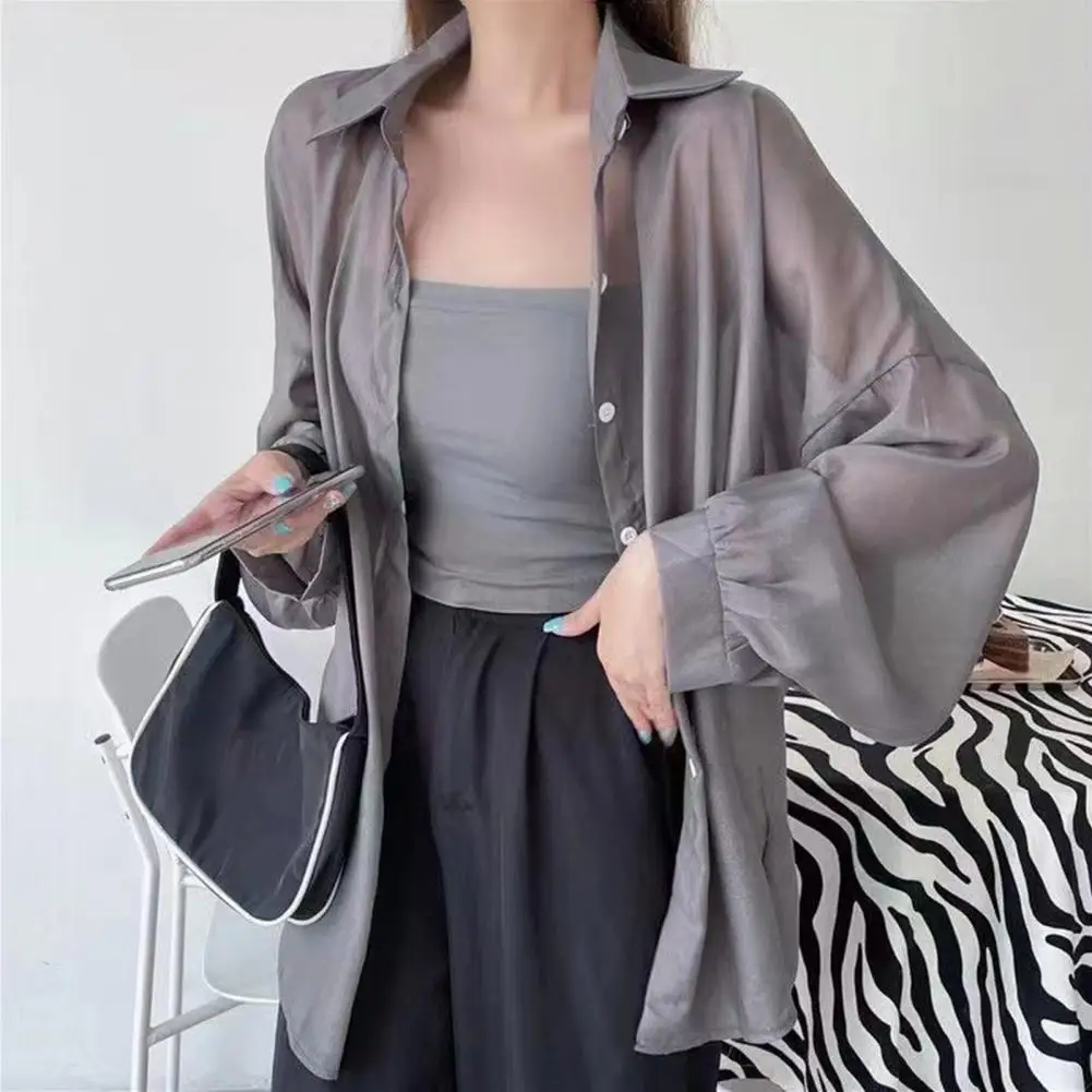

Stylish Single Breasted See-through Thin Sunscreen Coat Air Conditioning Cardigan Buttons Placket Shirt Coat Streetwear
