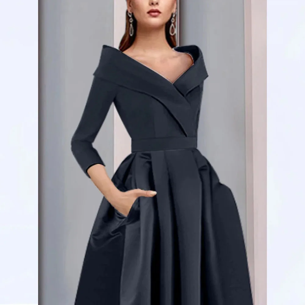 

MOBEYE 2024 Fashionable and Elegant A-Line Asymmetrical Mother of the Bride Gown Wedding Guest Prom Satin Three Quarter Sleeves