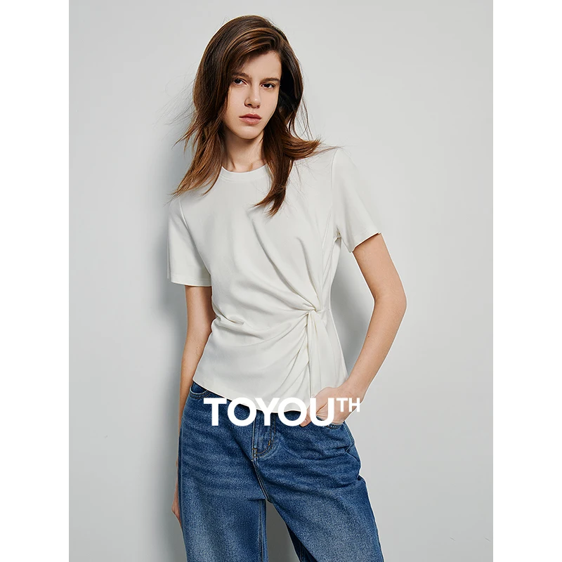 

TOYOUTH Women Crop Tops 2024 Spring New Pleated Tie Irregular Solid Color Short Sleeve Women's Basic Tops