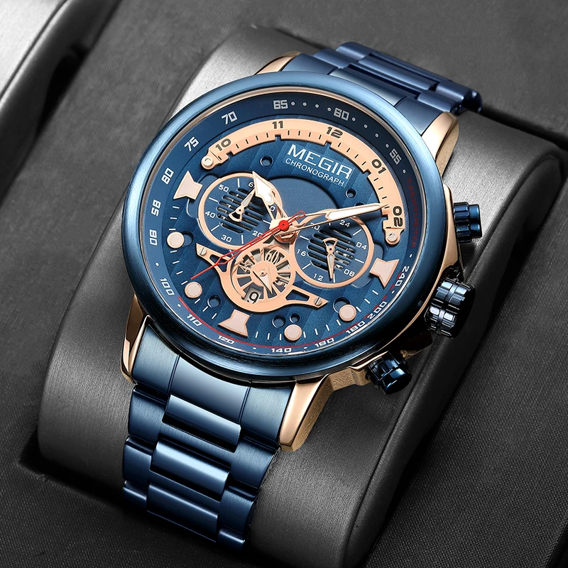 

MEGIR Fashion Blue 24 Hour Chronograph Quartz Watch for Men Stainless Steel Sport Waterproof Date Mens Watches Relogio Masculino