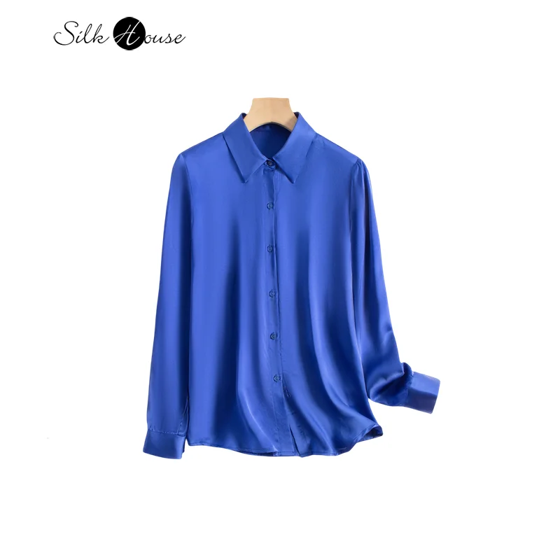 

2023 Women's Fashion Autumn New Natural Mulberry Silk Plain Satin OL Style Treasure Blue Versatile Casual Long Sleeved Shirt