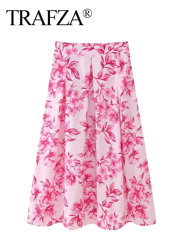

TRAFZA Woman Vintage Floral Print Back Zipper Folds Decorate Slim Casual Skirt Women Elegant Chic High Waist Long Skirt Y2K