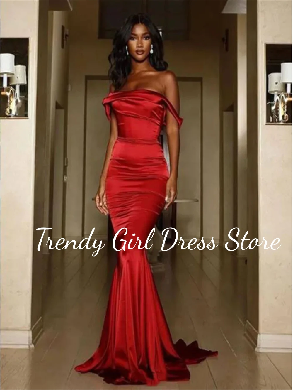 

Wine Red Mermaid Off The Shoulder Evening Dresses Satin Court Train Formal Night Dress A-line Plus Size فساتين سهره فاخره 2023