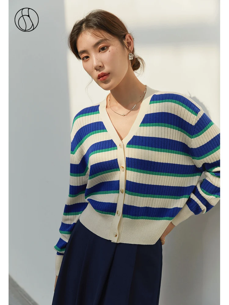

DUSHU V-neck Knitted Sweater Women Early Autumn New Design Wear Casual Lazy Striped Tops Vintage Casual Female Cardigan