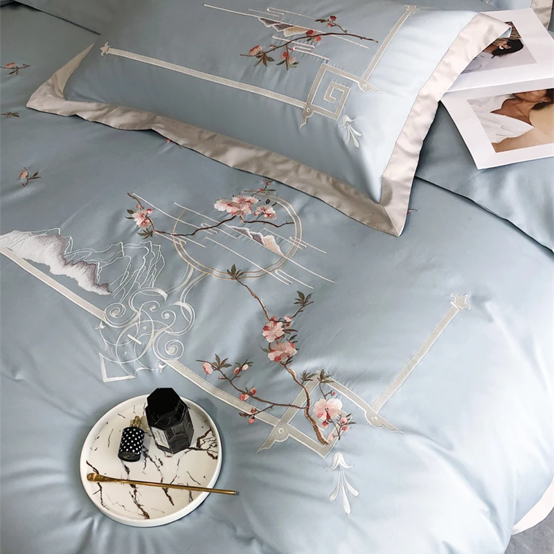 Chinese Style Embroidered Bedding Set 600TC AU Cotton Sheet Pillowcase Duvet Cover Set 4Pcs for Home(Queen King Size,Blue/Pink) Chinese Style Embroidered Bedding Set 600TC AU Cotton Sheet Pillowcase Duvet Cover Set 4Pcs for Home(Queen King Size,Blue/Pink)