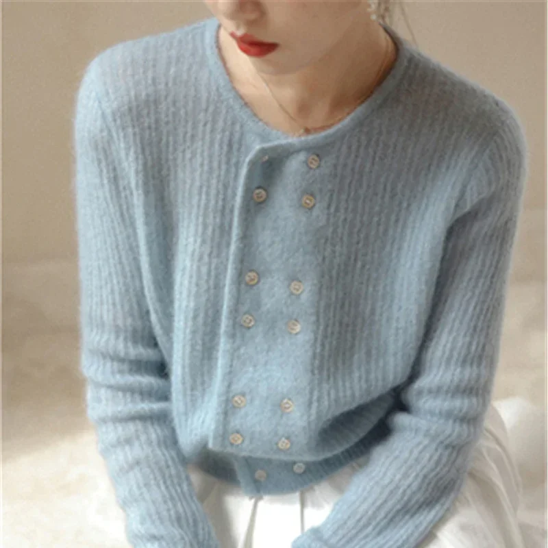 

Женский трикотажный кардиган с круглым вырезом, голубой Повседневный свитер с двойным рядом пуговиц, мягкая Свободная верхняя одежда во французском стиле на осень-зиму