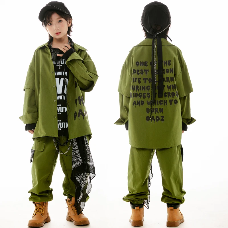 

2023 Ballroom Hip Hop Dance Costumes For Kids Army Green Loose Hiphop Suit Girls Jazz Dance Rave Clothes Boys Streetwear DN16276