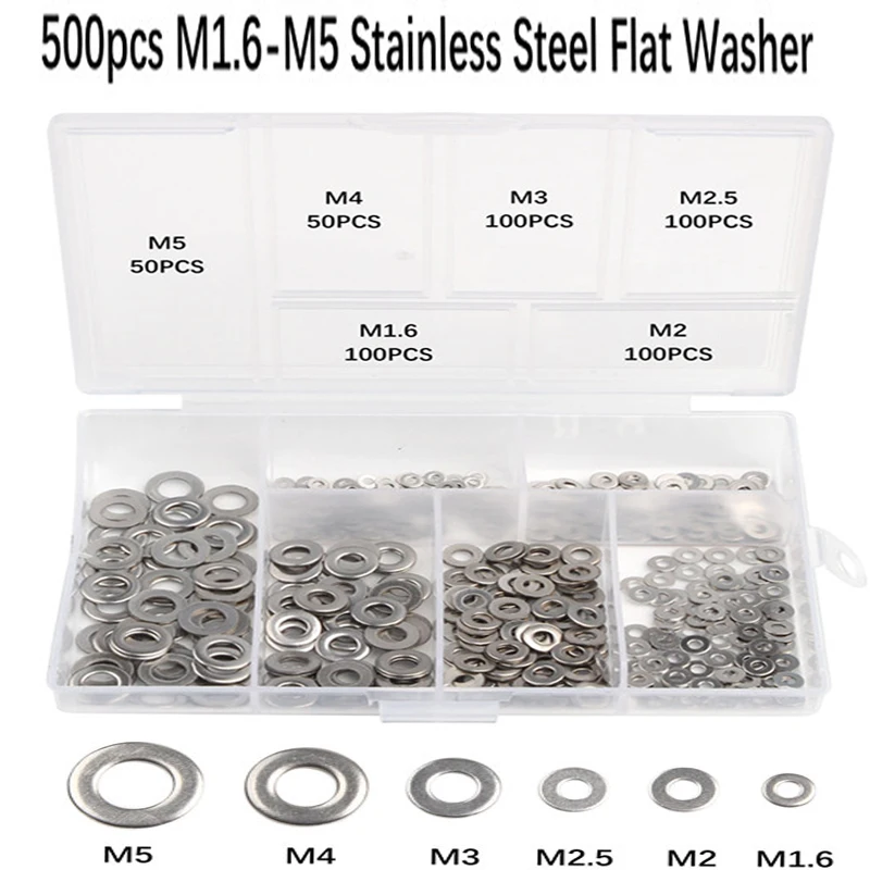 500pcs Stainless Steel Flat Washer M1.6 M2 M2.5 M3 M4 M5 Combination Plain Washer Gaskets Assortment Kit
500pcs Stainless Steel Flat Washer M1.6 M2 M2.5 M3 M4 M5 Combination Plain Washer Gaskets Assortment Kit