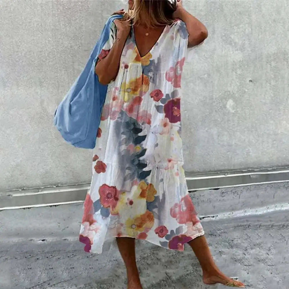 

Short Sleeves Midi Dress Floral Print V-neck Midi Dress with Ruffle Detailing Swing Dress for Summer Streetwear Fashion Loose