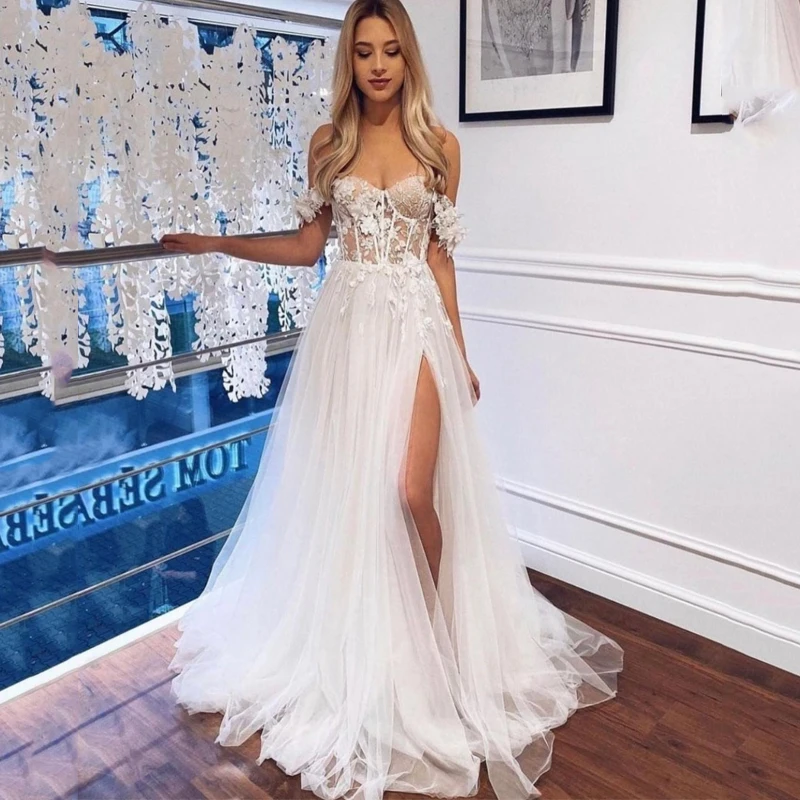 

Gorgeous Appliques A-Line Sweetheart Tulle Beach Wedding Dresses 2022 Corset Beaded Backless Bridal Gown vestido de noiva