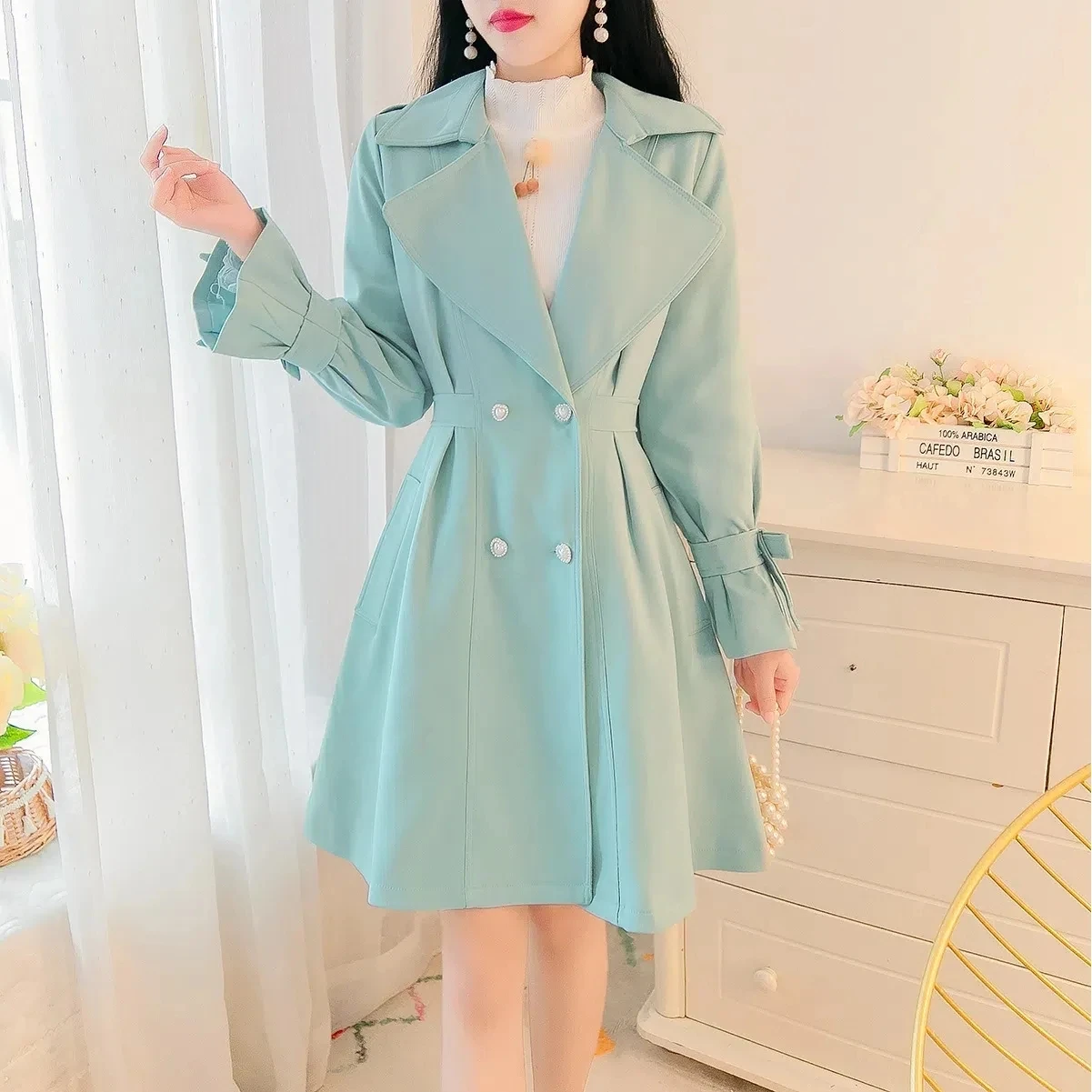 

Длинный Тренч, пальто для женщин, осень 2023, новый корейский Тонкий двубортный ветрозащитный офисные жакеты, элегантная ветровка, верхняя одежда для женщин