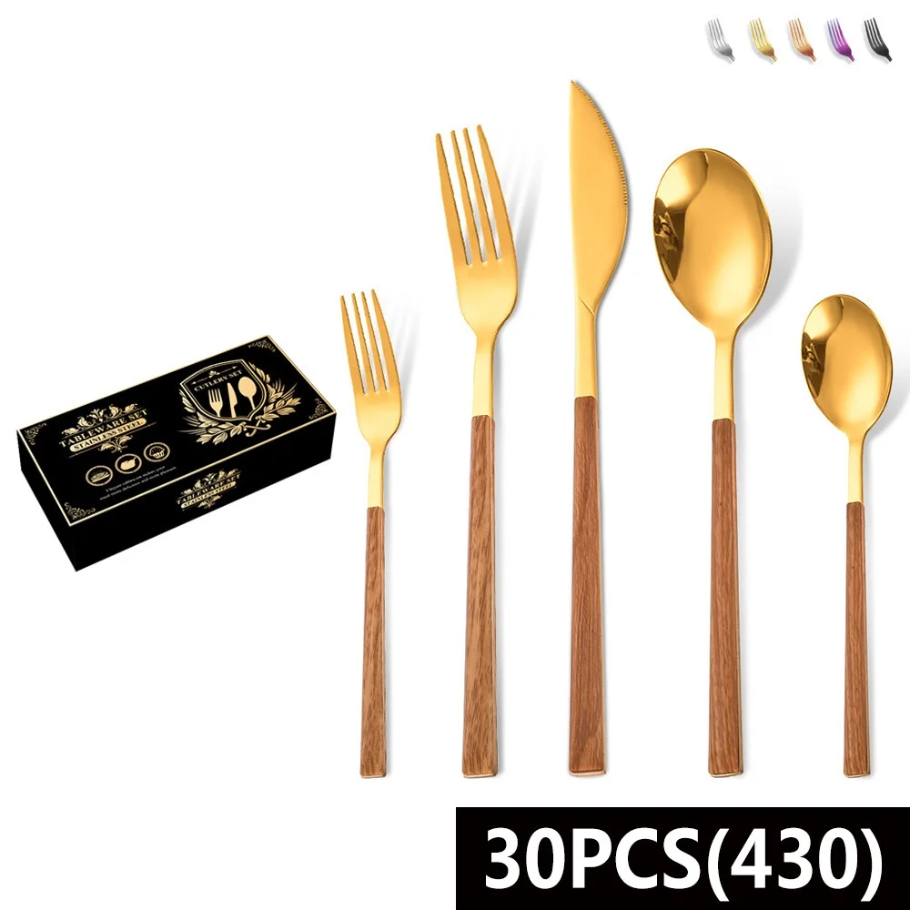 

30PCS Japanese And Korean Style Wood Grain Square Handle Tableware Set Gold Silver Dinnerware Knife Dessert Fork Spoon Cutlery