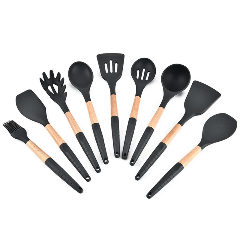 

9 Pcs Cooking Tools Set Silicone Wooden Handle Kitchen Cookware Set With Storage Box Turner Spatula Soup Spoon Household