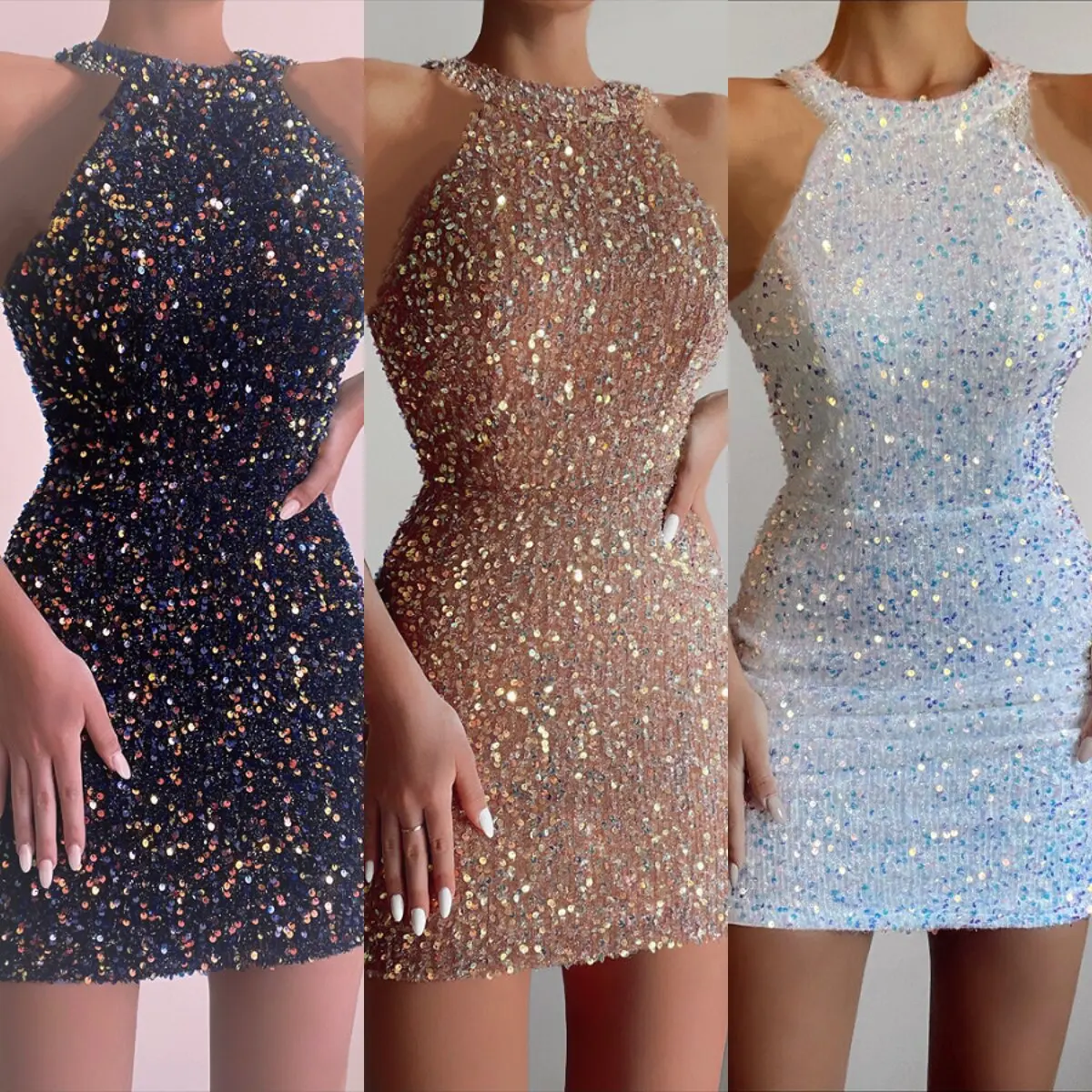 Women's Slim Sequined Hanging Neck Dress, Short Micro-Elastic Tight, Sleeveless Dress, Spring and Summer, New Fashion, 2023
Women's Slim Sequined Hanging Neck Dress, Short Micro-Elastic Tight, Sleeveless Dress, Spring and Summer, New Fashion, 2023