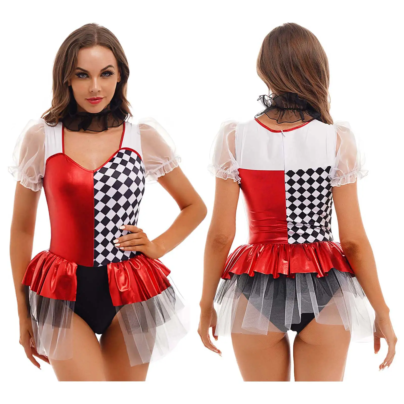 

Clown Costume Womens Femme Clown Dress for Halloween Cosplay Color Block Puff Sleeve Dress Layered Skirted Leotard with Neckwear