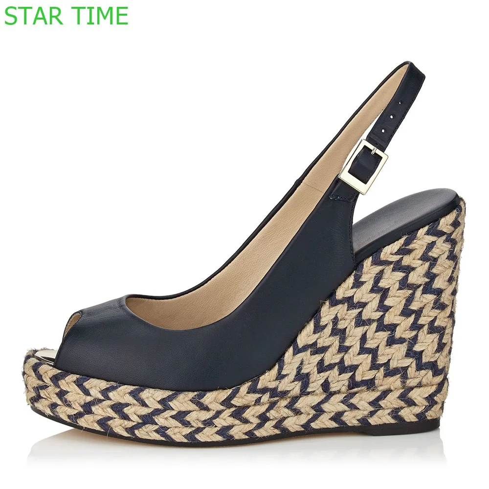 

Hemp Rope Peep Toe Wedge Sandals 2024 Summer New Back Strap Buckle Platform Roman Sandals Black Casual Women Shoes