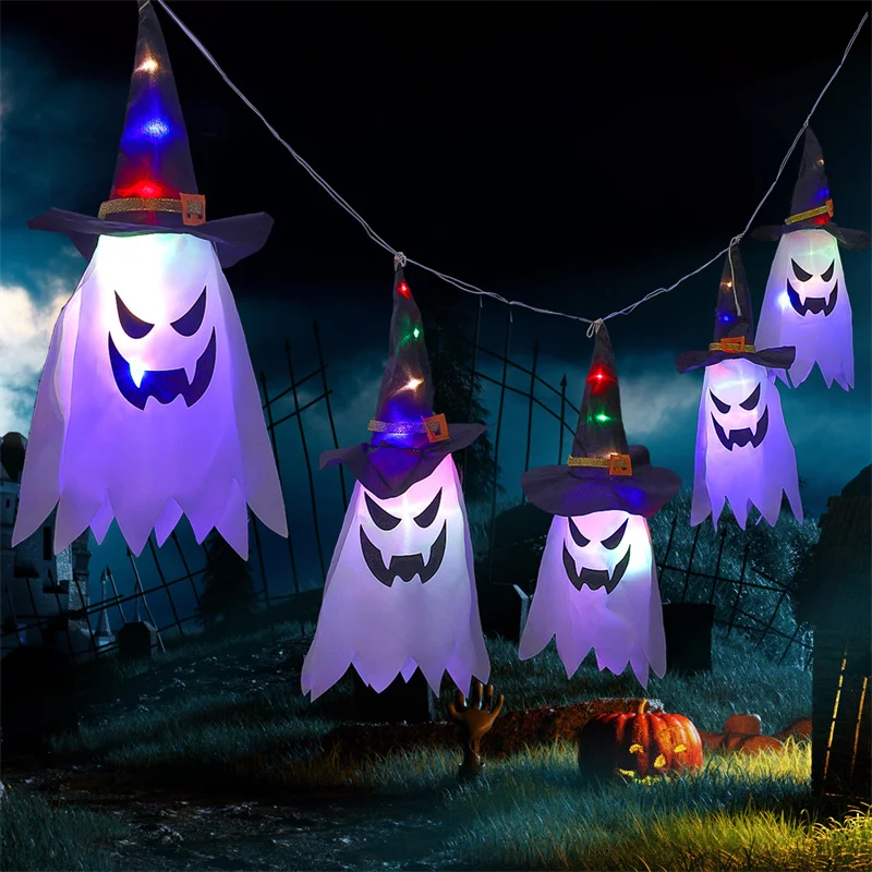 

2022 New Halloween LED Flashing Light Hanging Ghost Pumpkin Halloween Party Dress Up Glowing Wizard Hat Lamp Horror Props